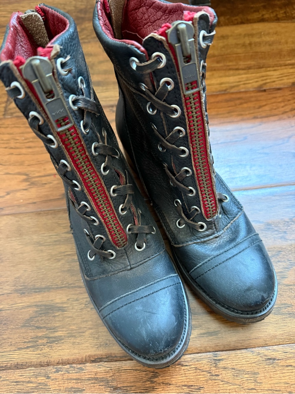 Freebird by Steven Black Leather Combat Boots with Red Zip Trim